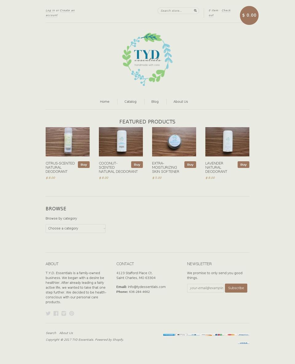 tydessentials.com shopify website screenshot