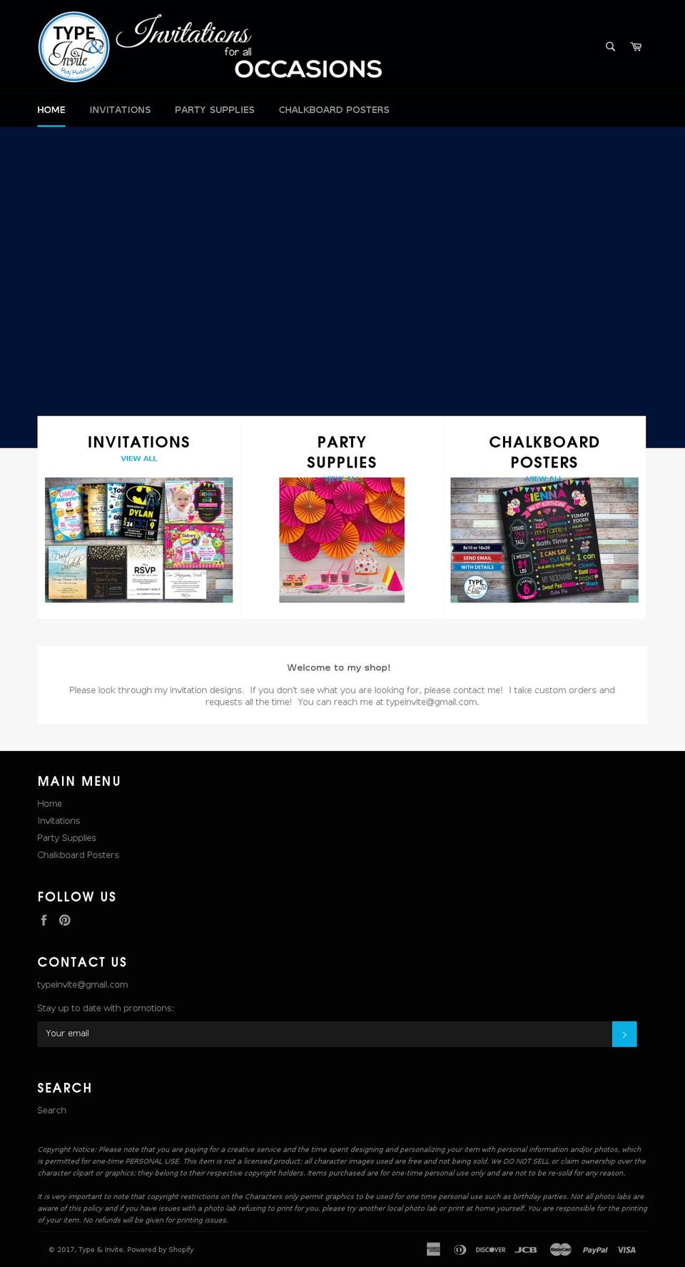 typeandinvite.com shopify website screenshot