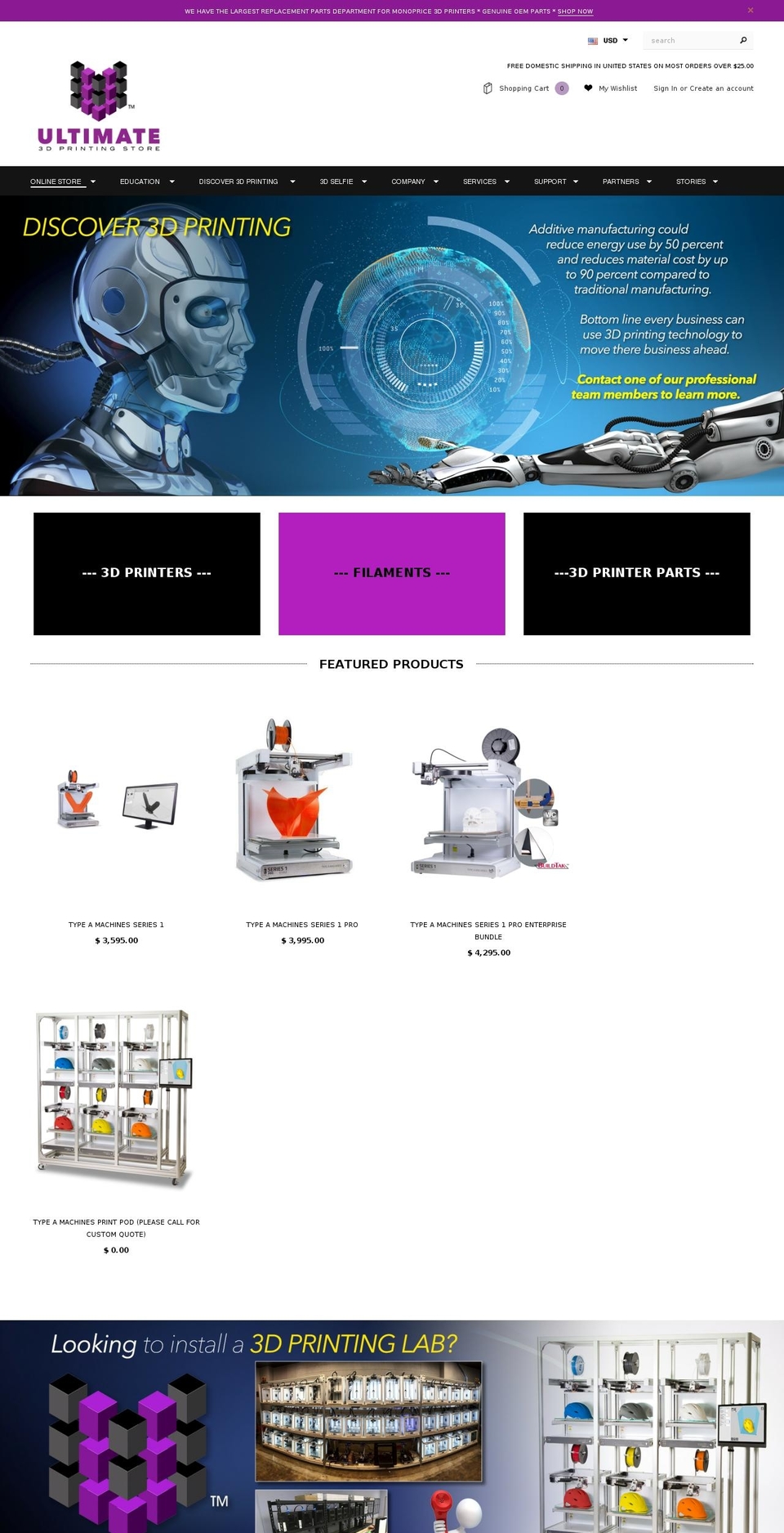 ultimate3dprintingstore.com shopify website screenshot