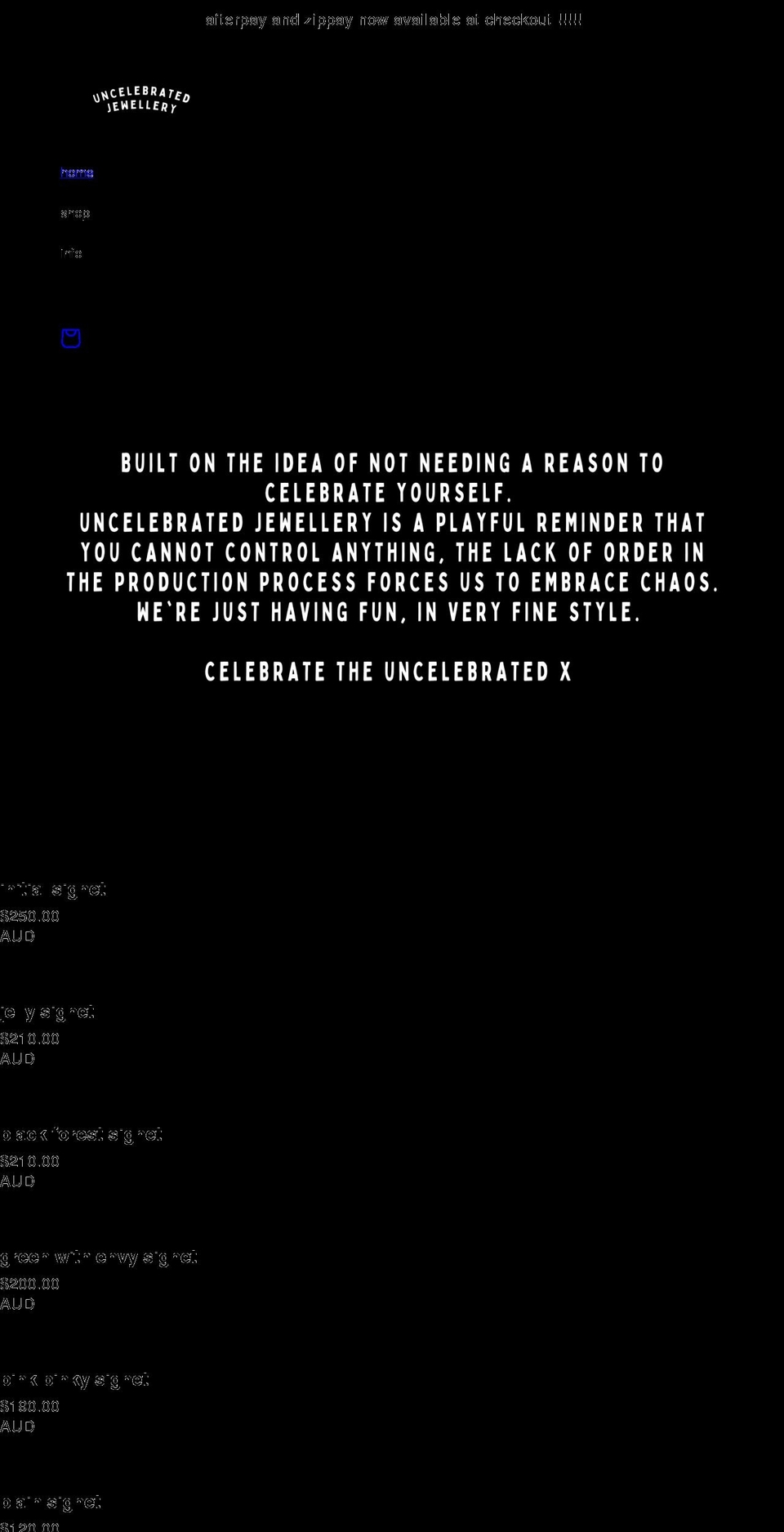 uncelebratedjewellery.com shopify website screenshot