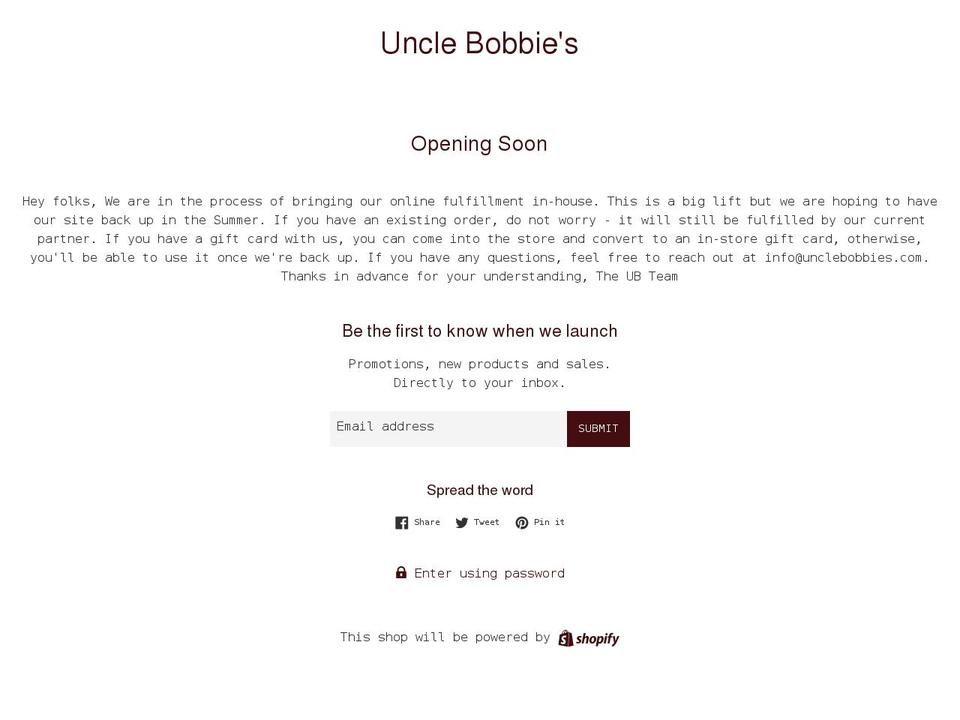 uncle-bobbies.myshopify.com shopify website screenshot