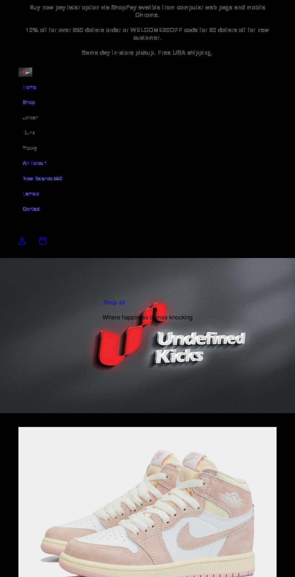 undefinedkicks.com shopify website screenshot