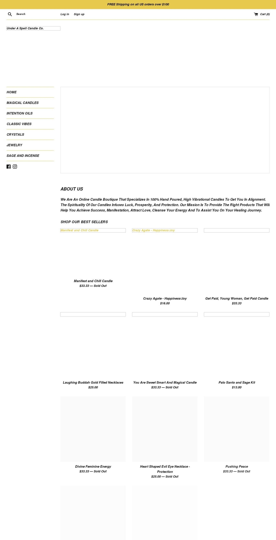 underaspellcandleco.com shopify website screenshot