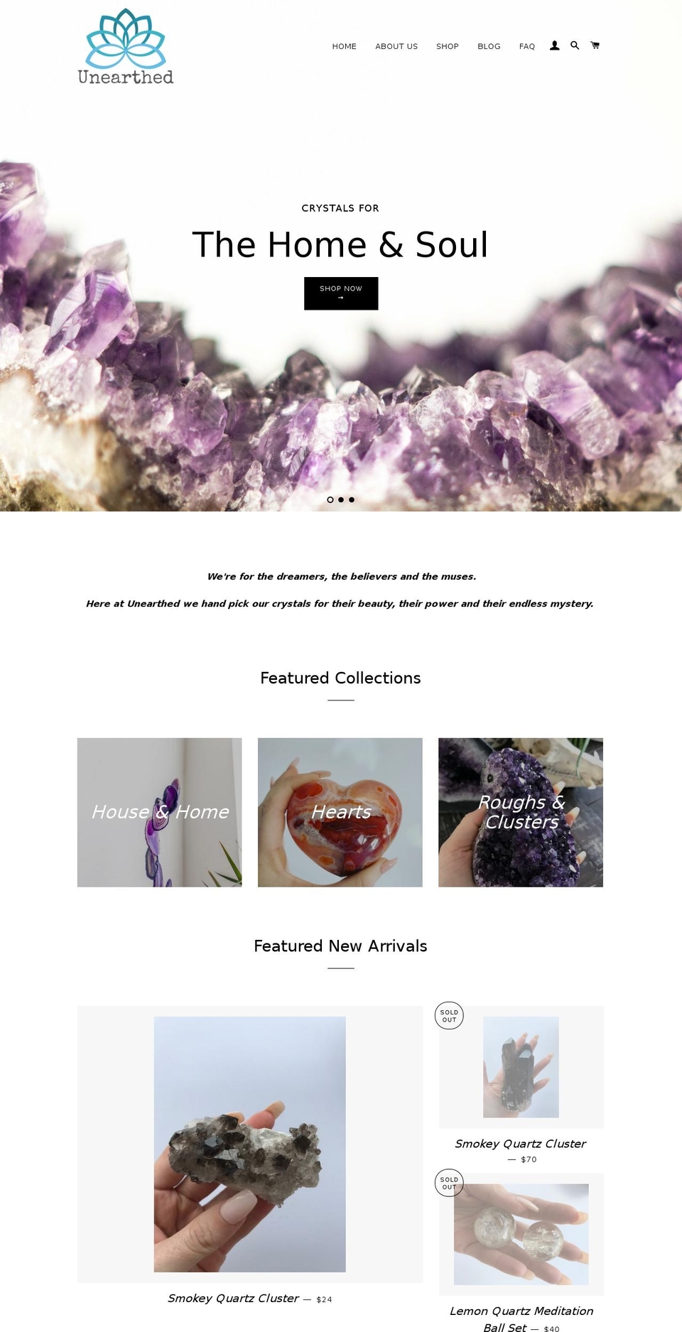 unearthedcrystals.com shopify website screenshot