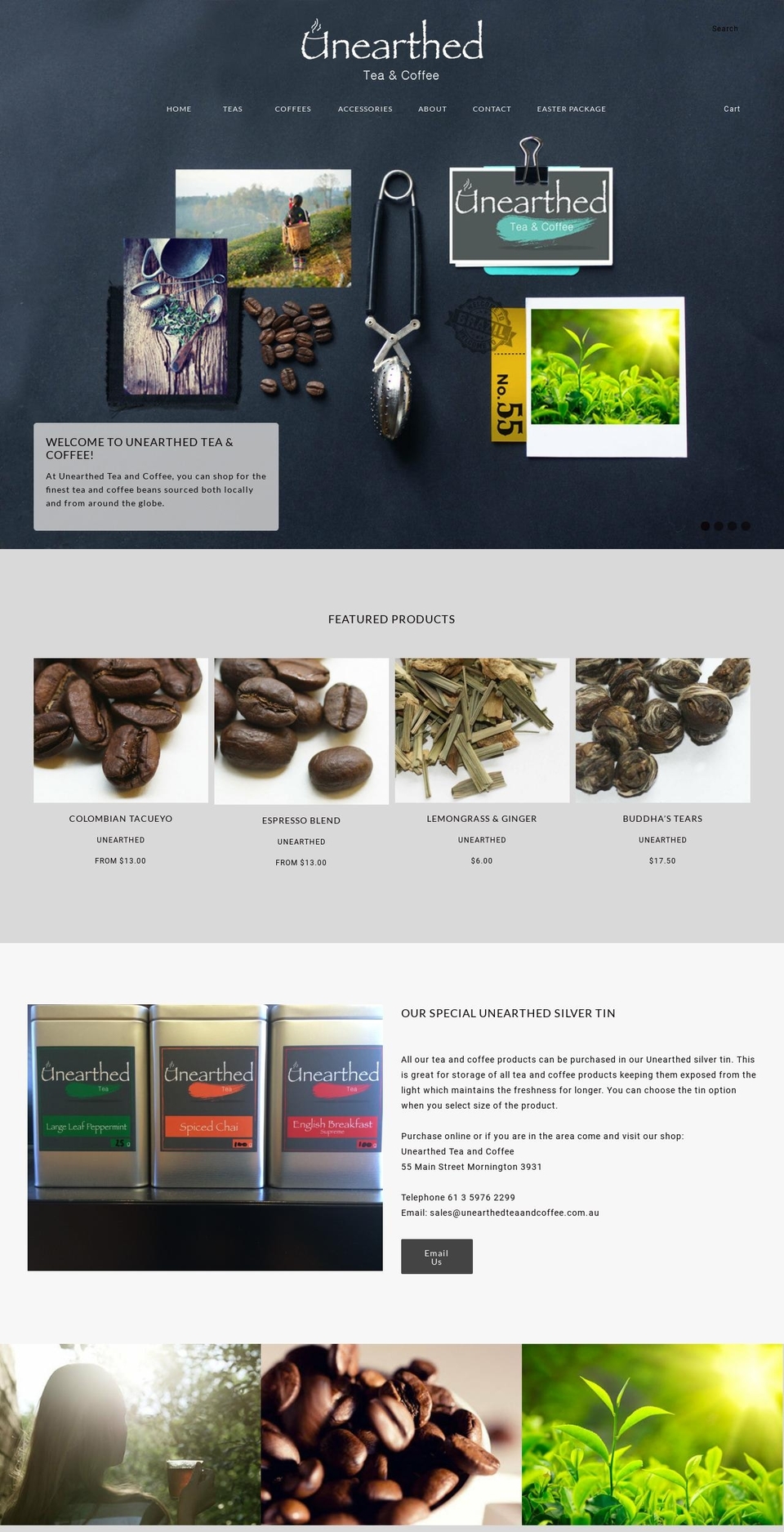unearthedteaandcoffee.com.au shopify website screenshot