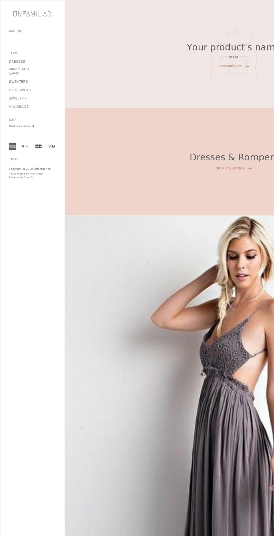 Vogue Shopify theme site example unfamiliarco.com