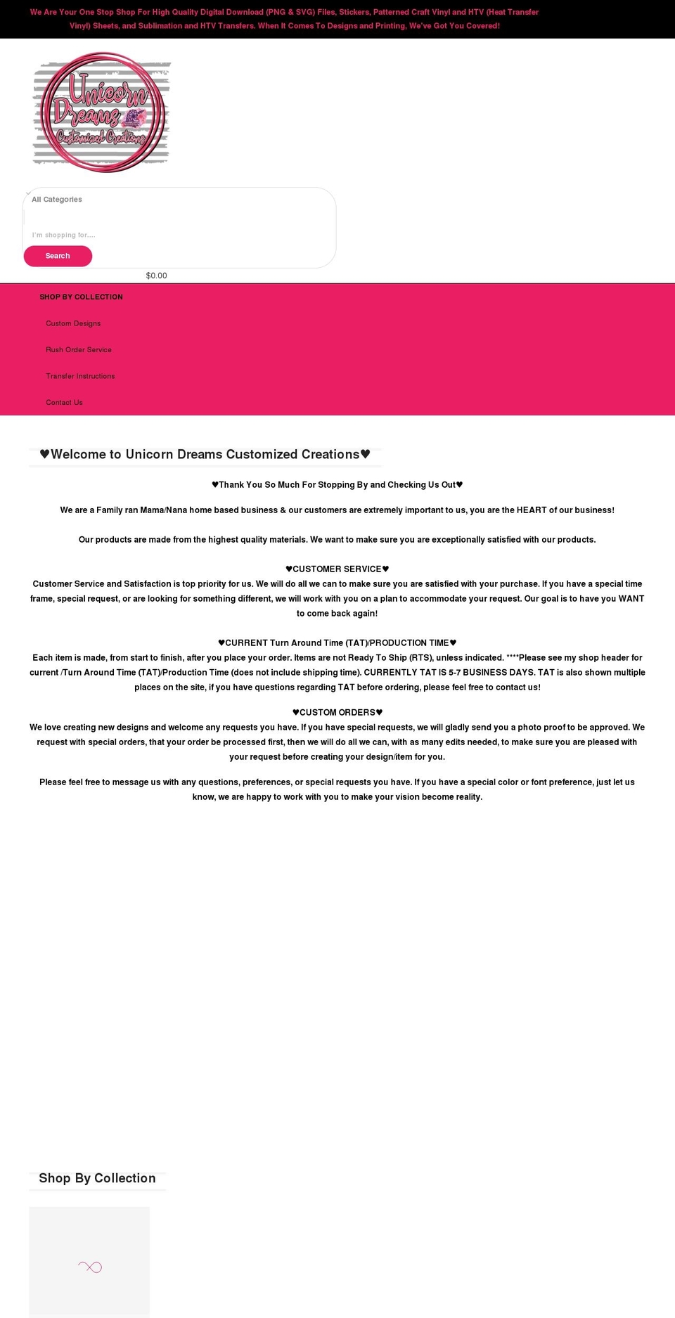 unicorndreamscustomizedcreations.com — Shopify storefront screenshot
