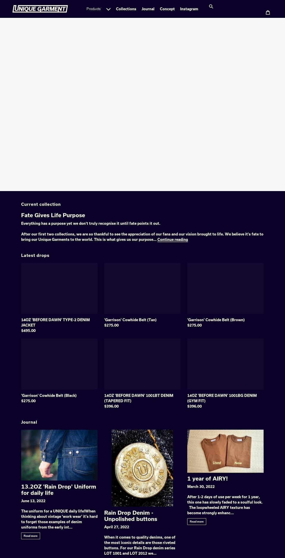 unique-garment.com shopify website screenshot