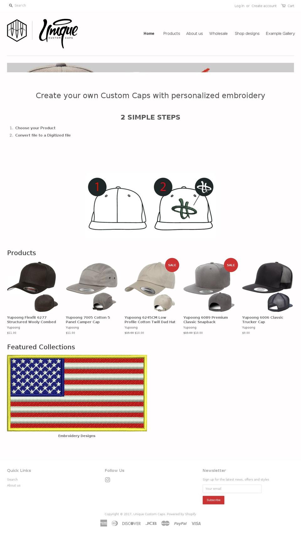 uniquecustomcaps.com shopify website screenshot
