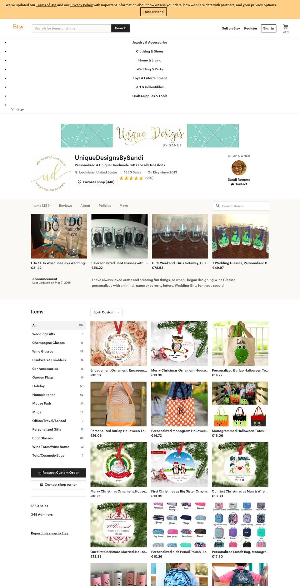 uniquedesignsbysandi.com — Shopify storefront screenshot