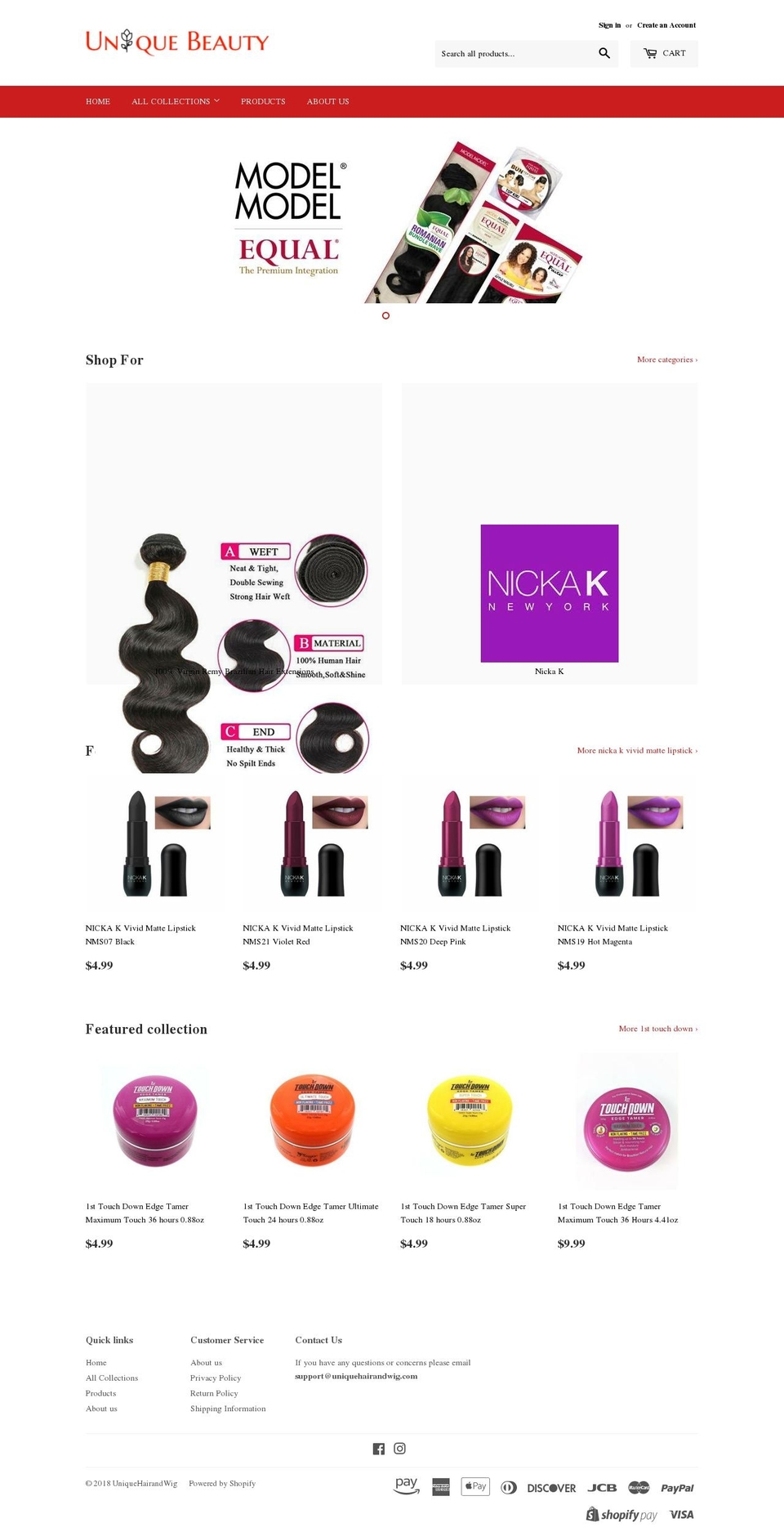 uniquehairandwig.com shopify website screenshot