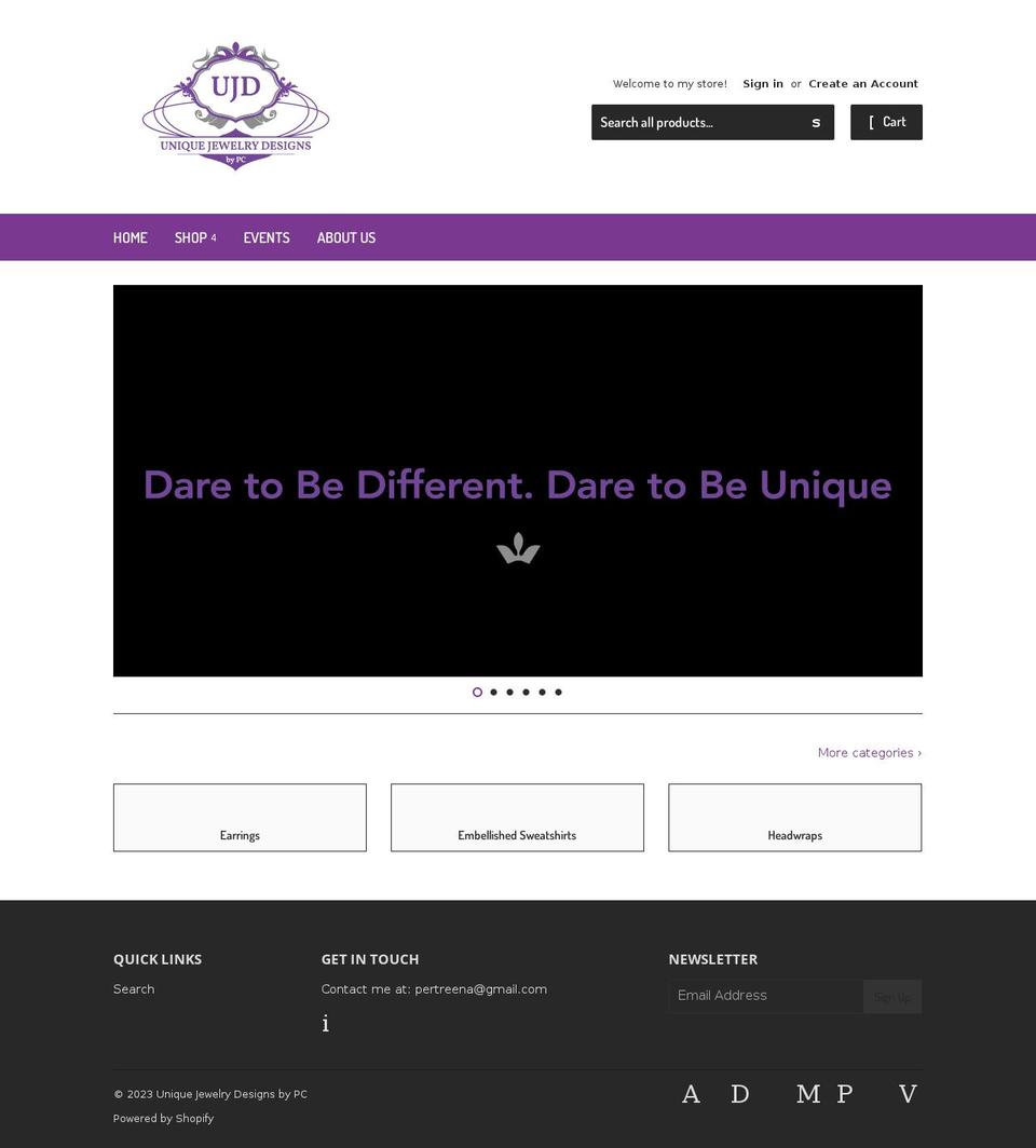 uniquejewelrydesignsbypc.com shopify website screenshot