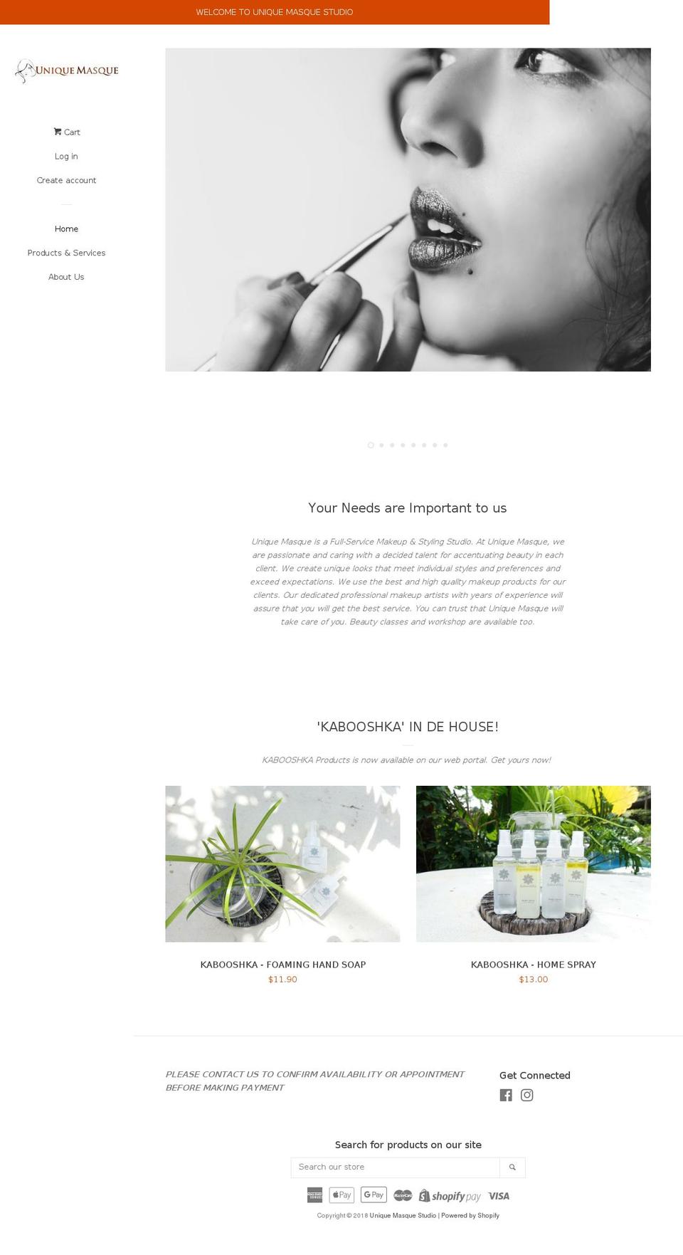 uniquemasque.com — Shopify storefront screenshot
