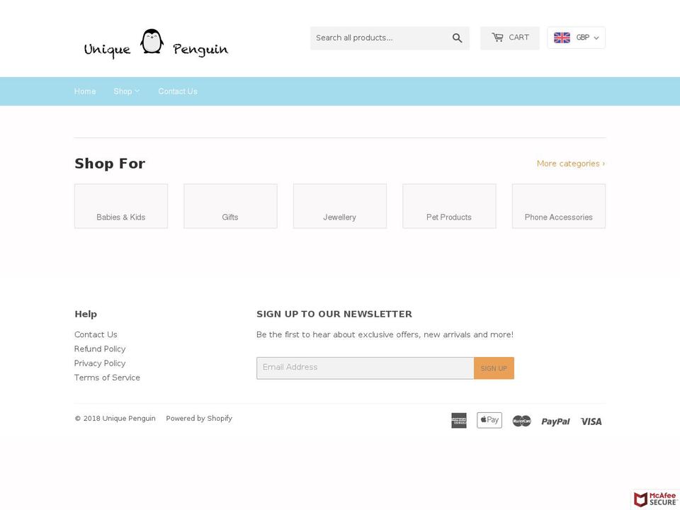 uniquepenguin.com — Shopify storefront screenshot