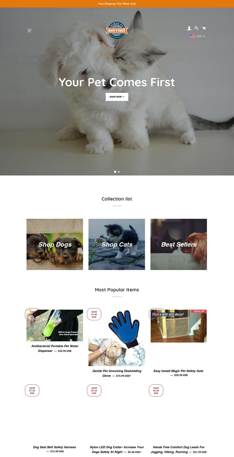 uniquepetsboutique.com — Shopify storefront screenshot