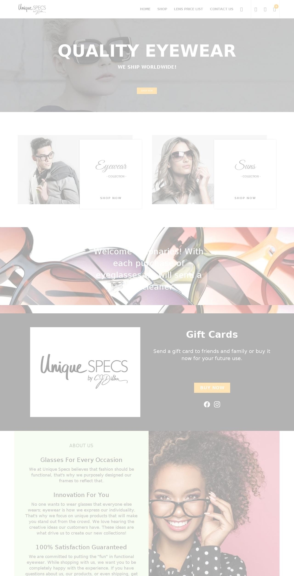 uniquespecs.com shopify website screenshot