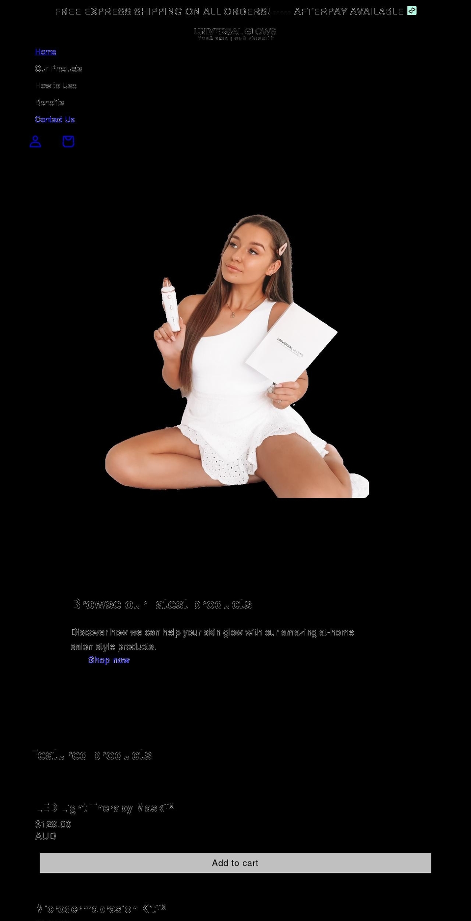 universal-glows.myshopify.com shopify website screenshot