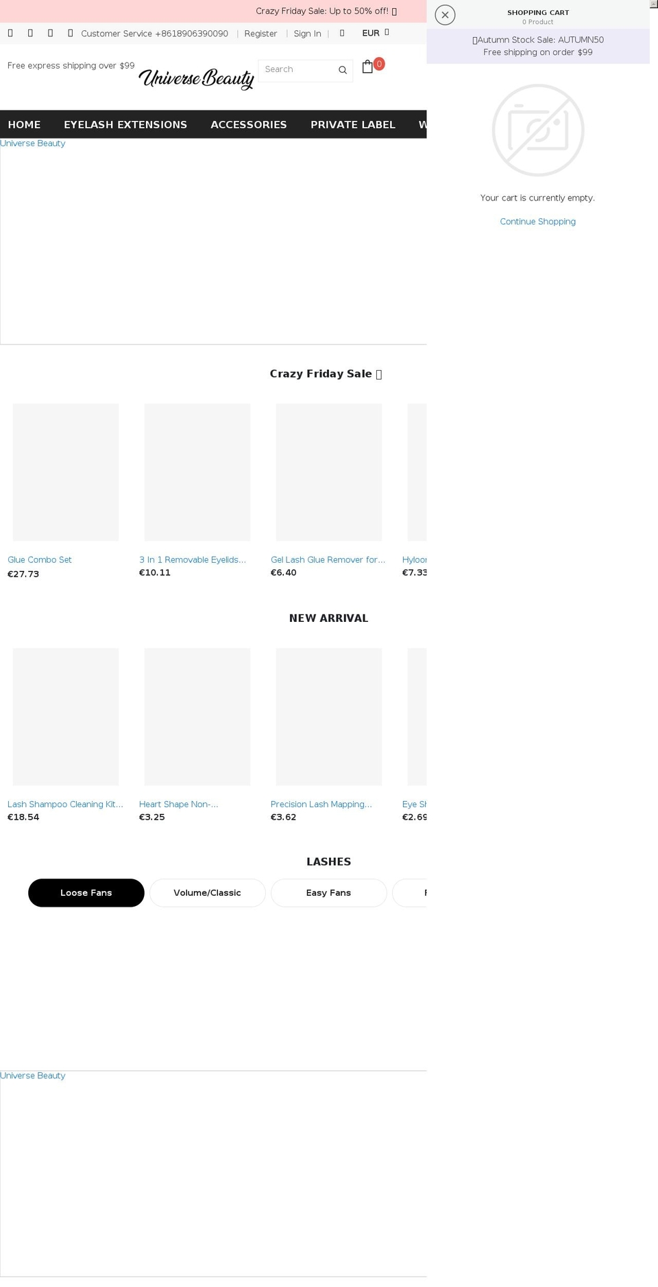 universebeautylashes.com shopify website screenshot