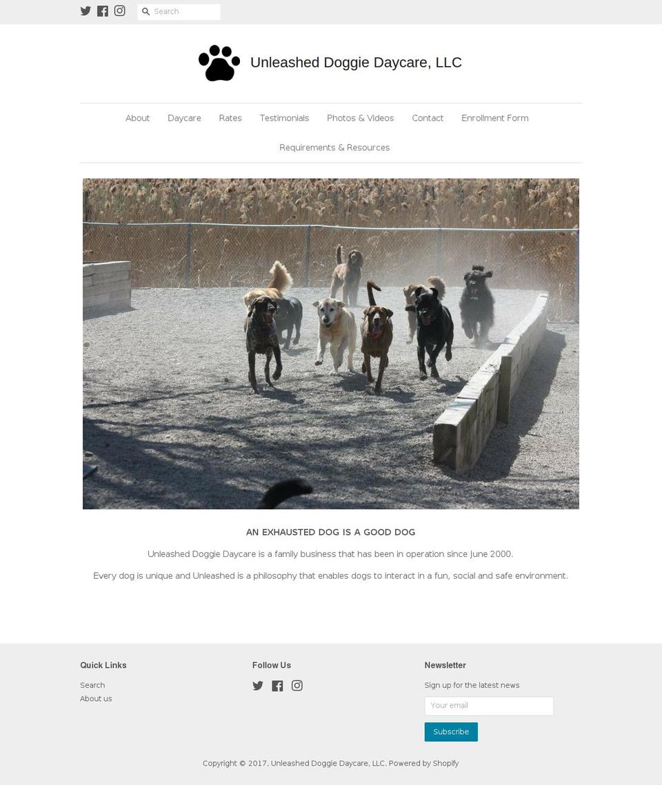 unleasheddoggiedaycare.com shopify website screenshot