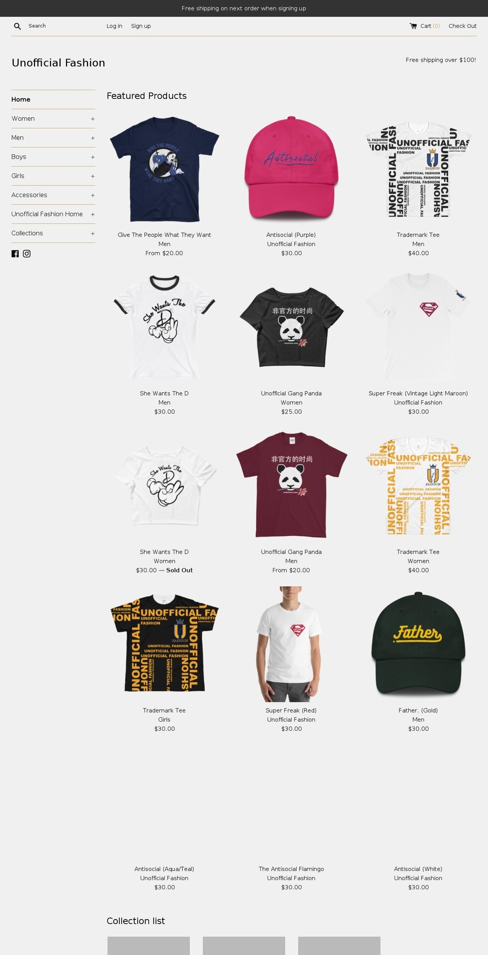 unofficialfashion.com shopify website screenshot