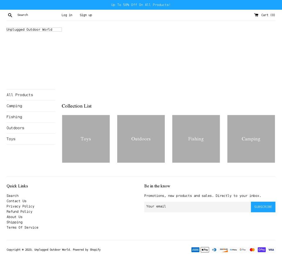 unpluggedoutdoorworld.com shopify website screenshot