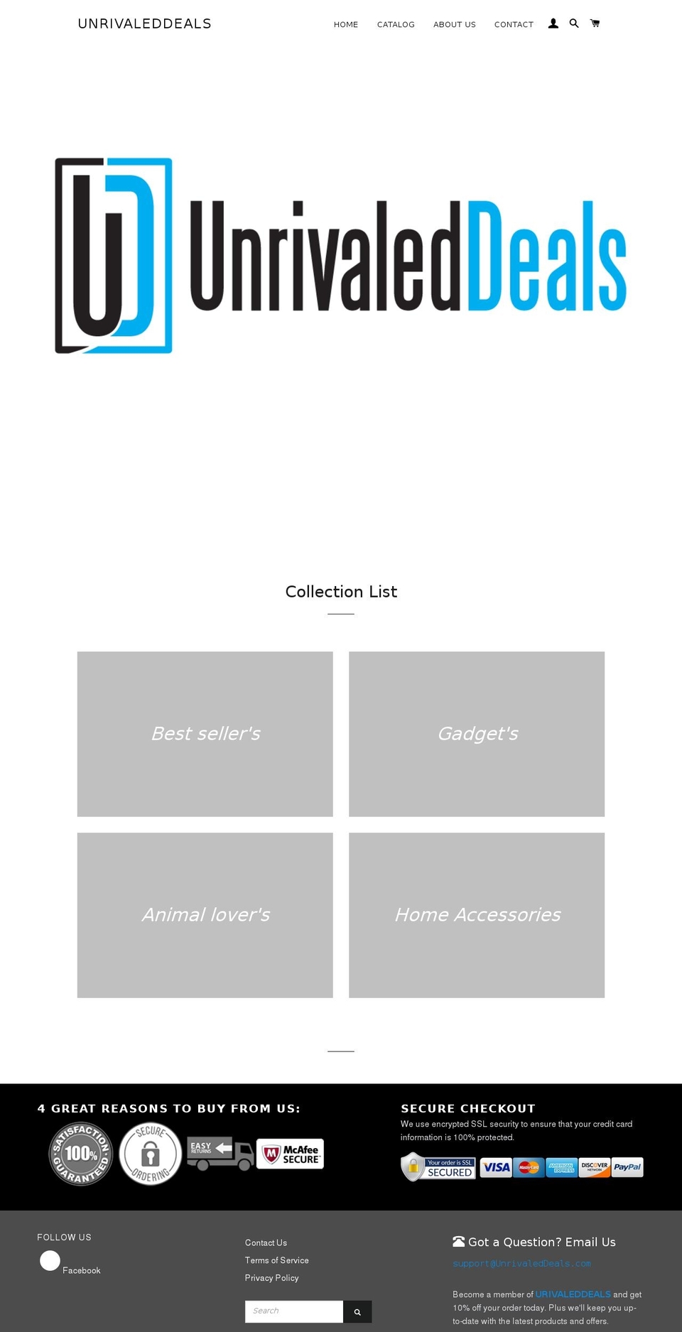 unrivaleddeals.com — Shopify storefront screenshot