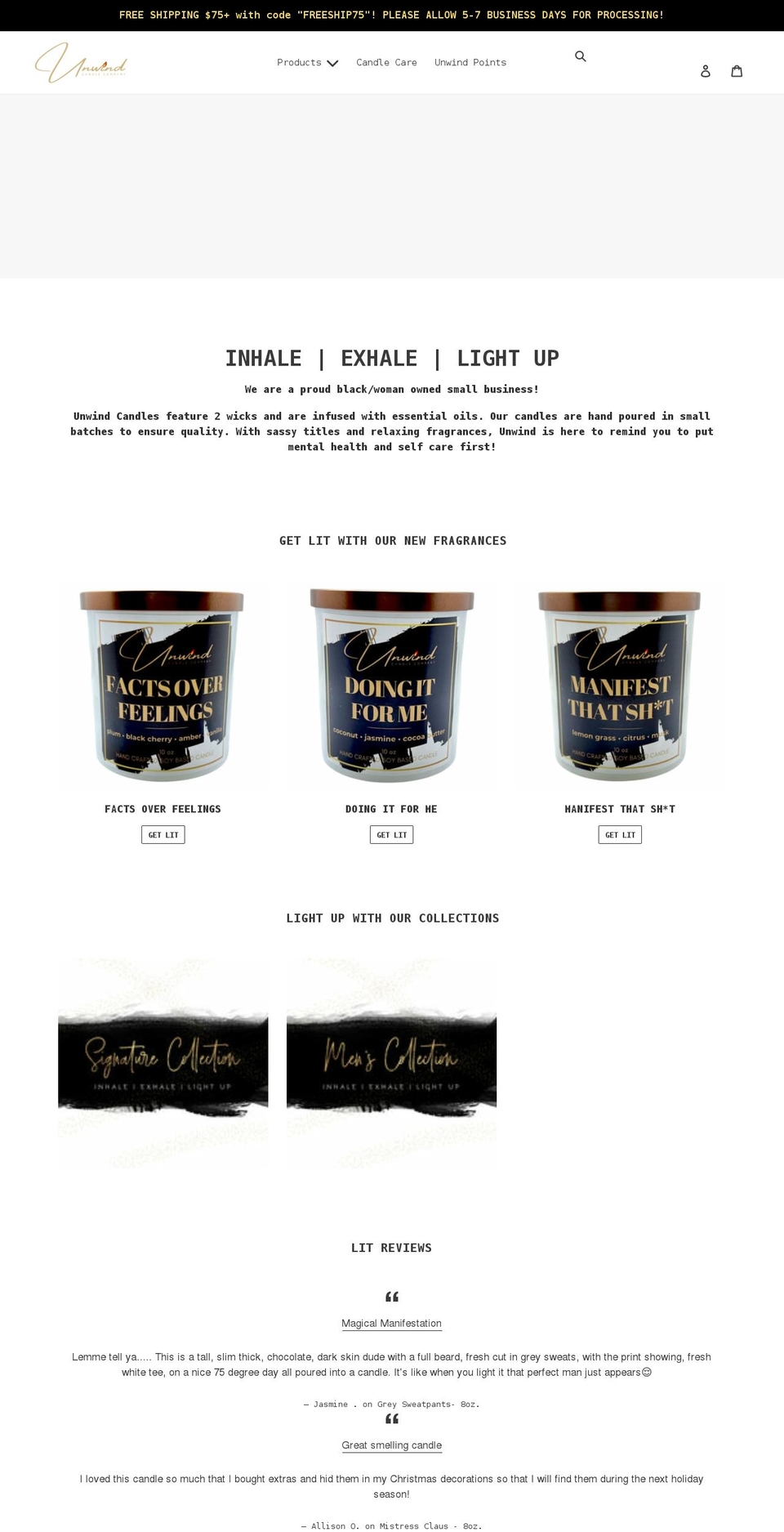unwindcandle.com shopify website screenshot