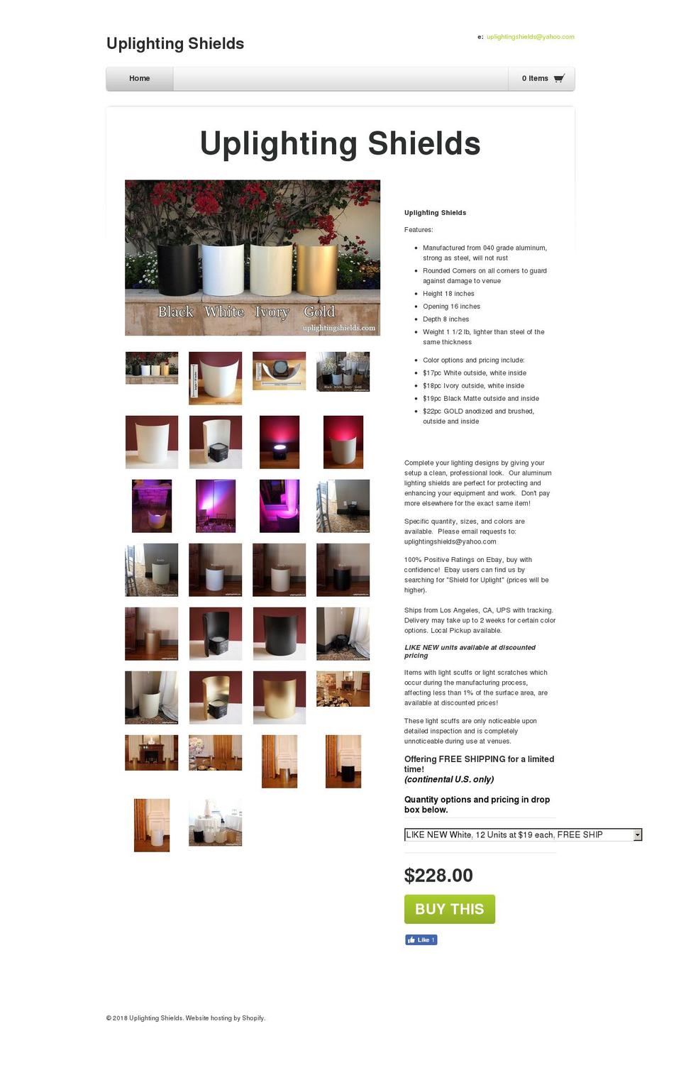 uplightingshields.com — Shopify storefront screenshot