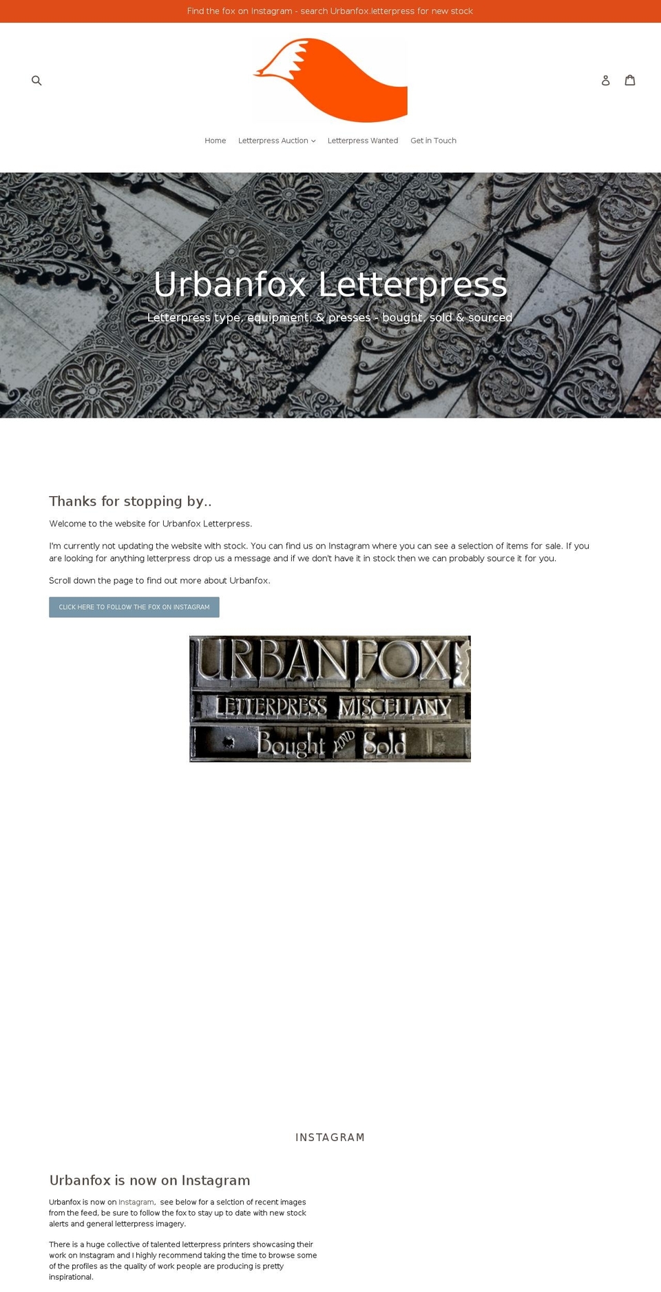 urbanfoxletterpress.co.uk shopify website screenshot