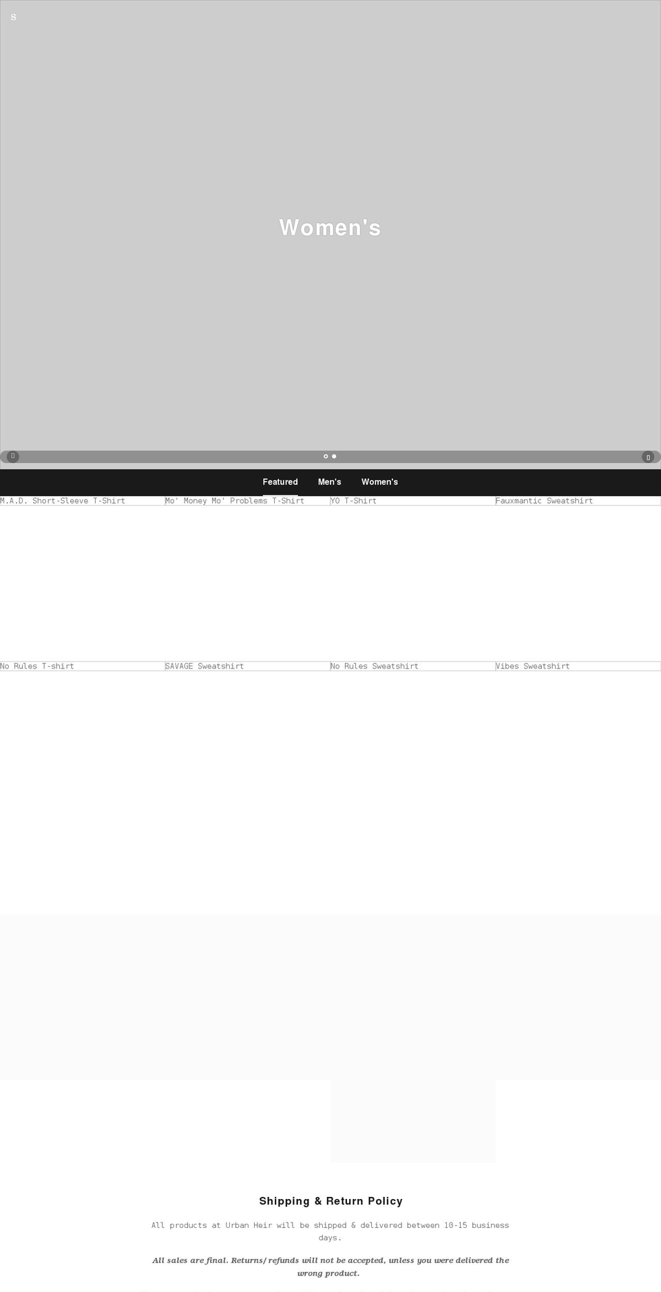 urbanheirclothing.com shopify website screenshot