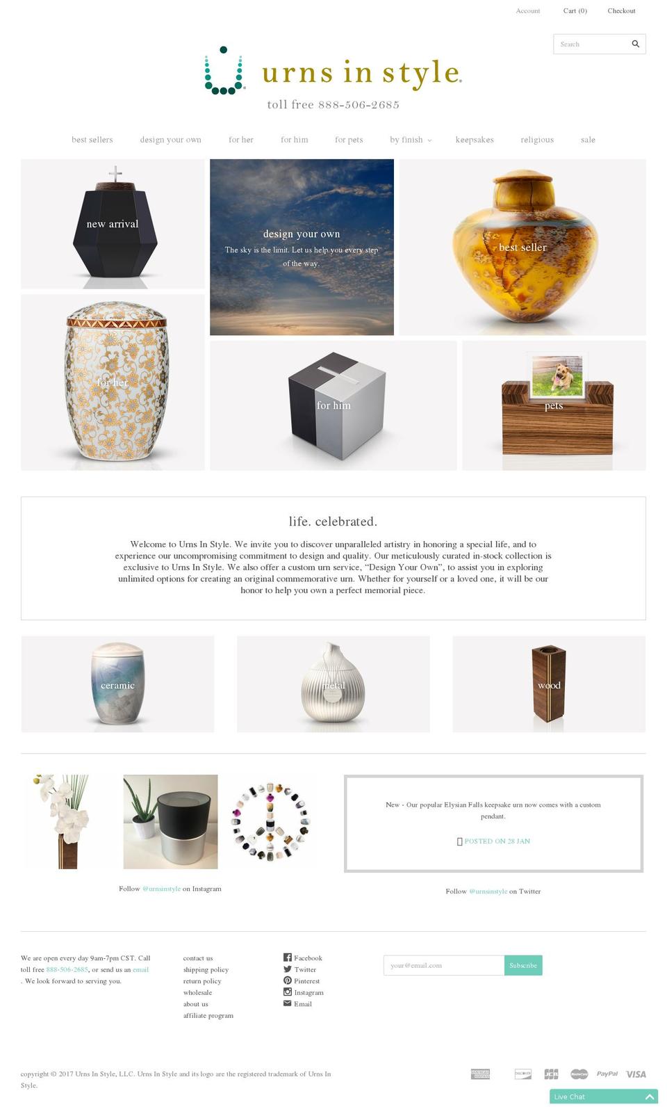urnsinstyle.com shopify website screenshot