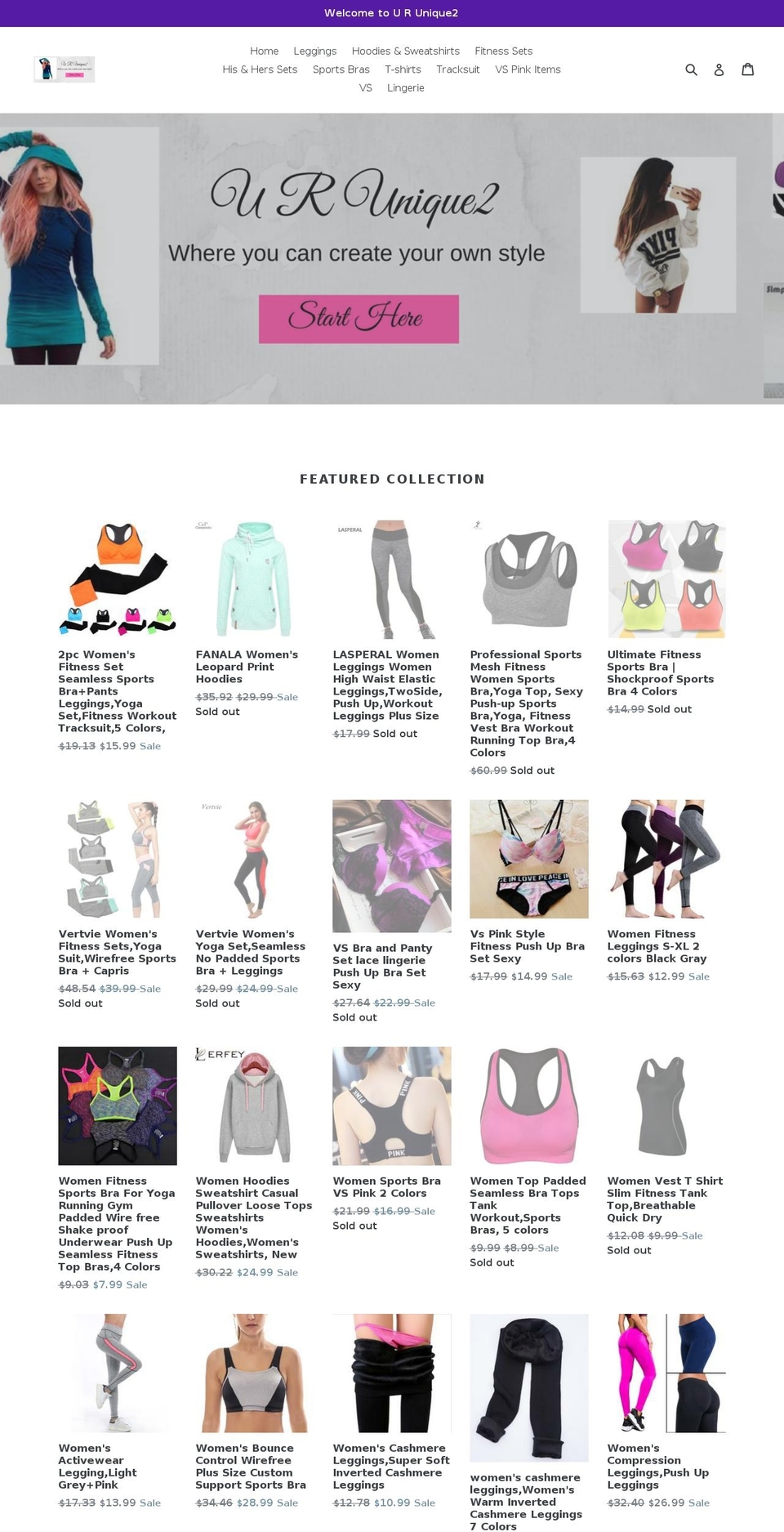urunique2athleticapparel.com — Shopify storefront screenshot