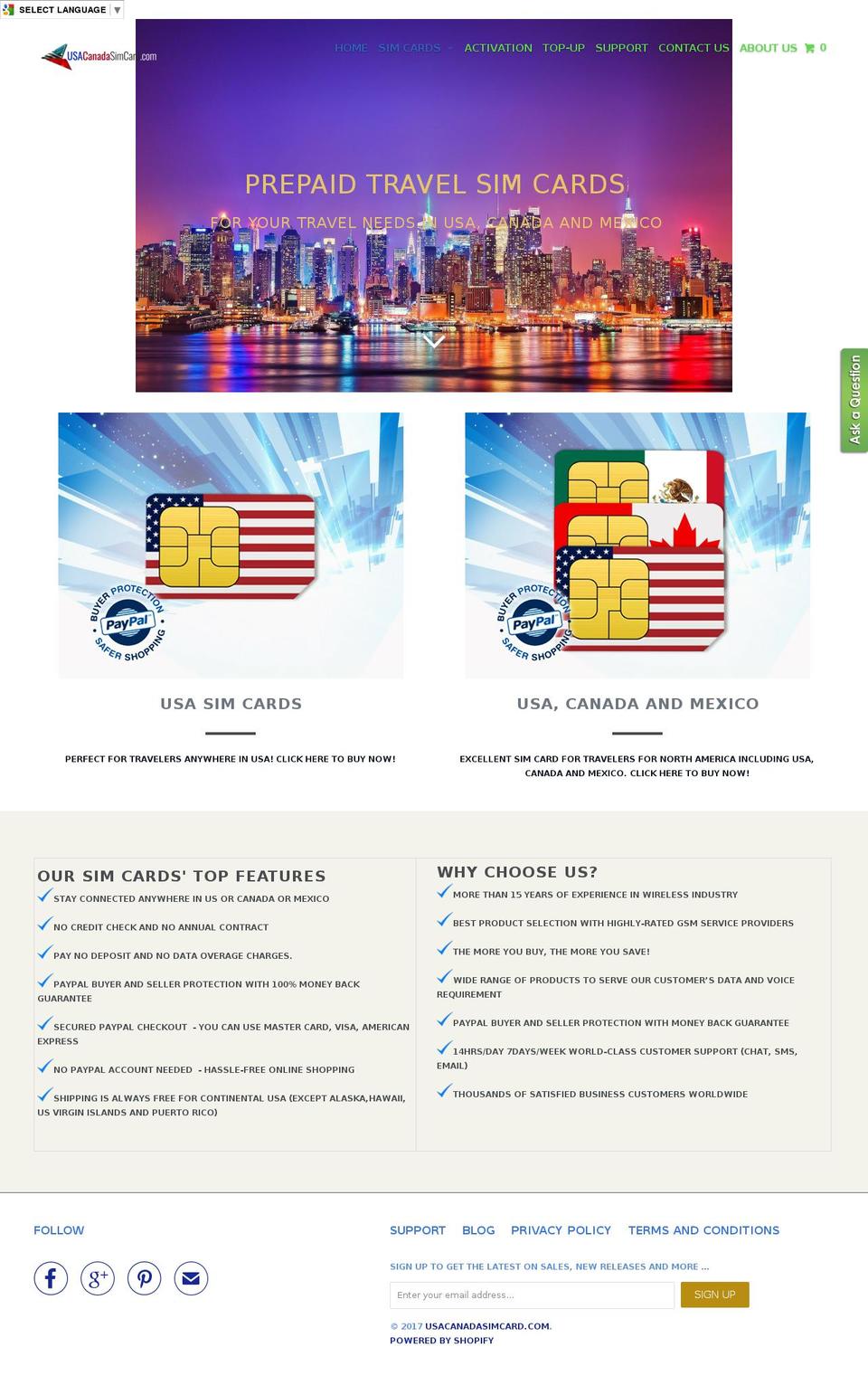 usacanadasimcard.com shopify website screenshot