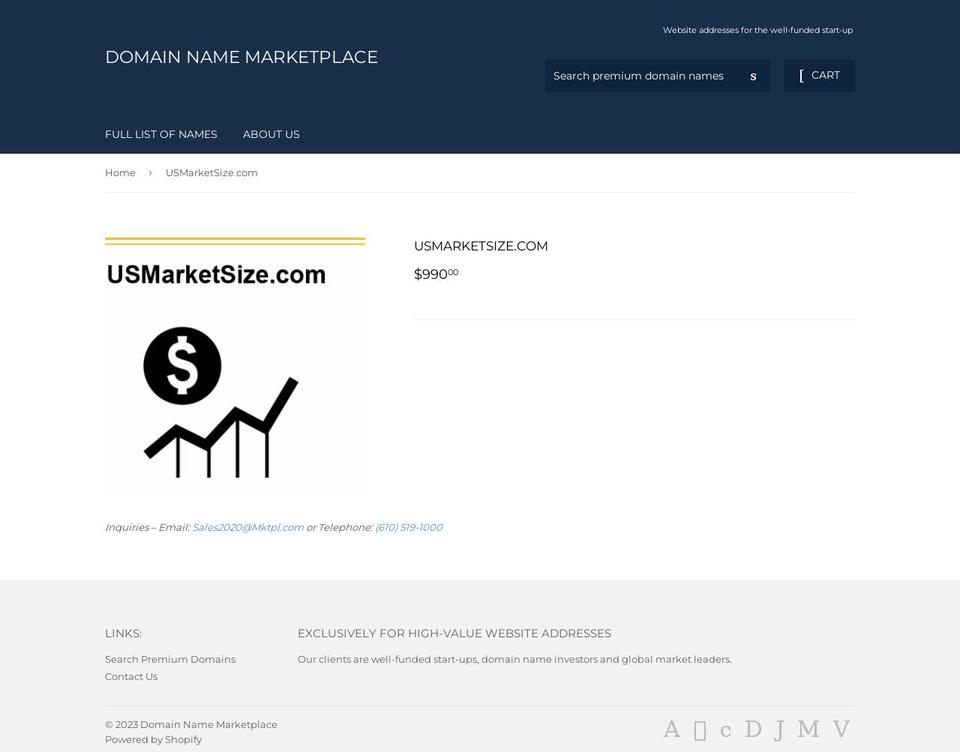 usmarketsize.com — Shopify storefront screenshot