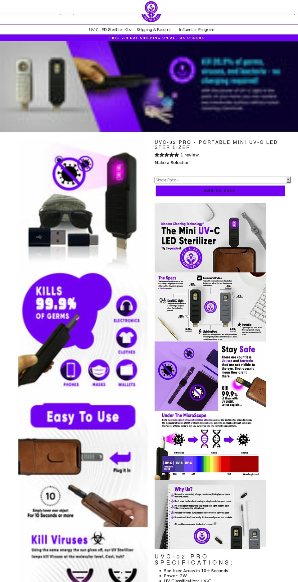 uvlightsanitizerco.com shopify website screenshot