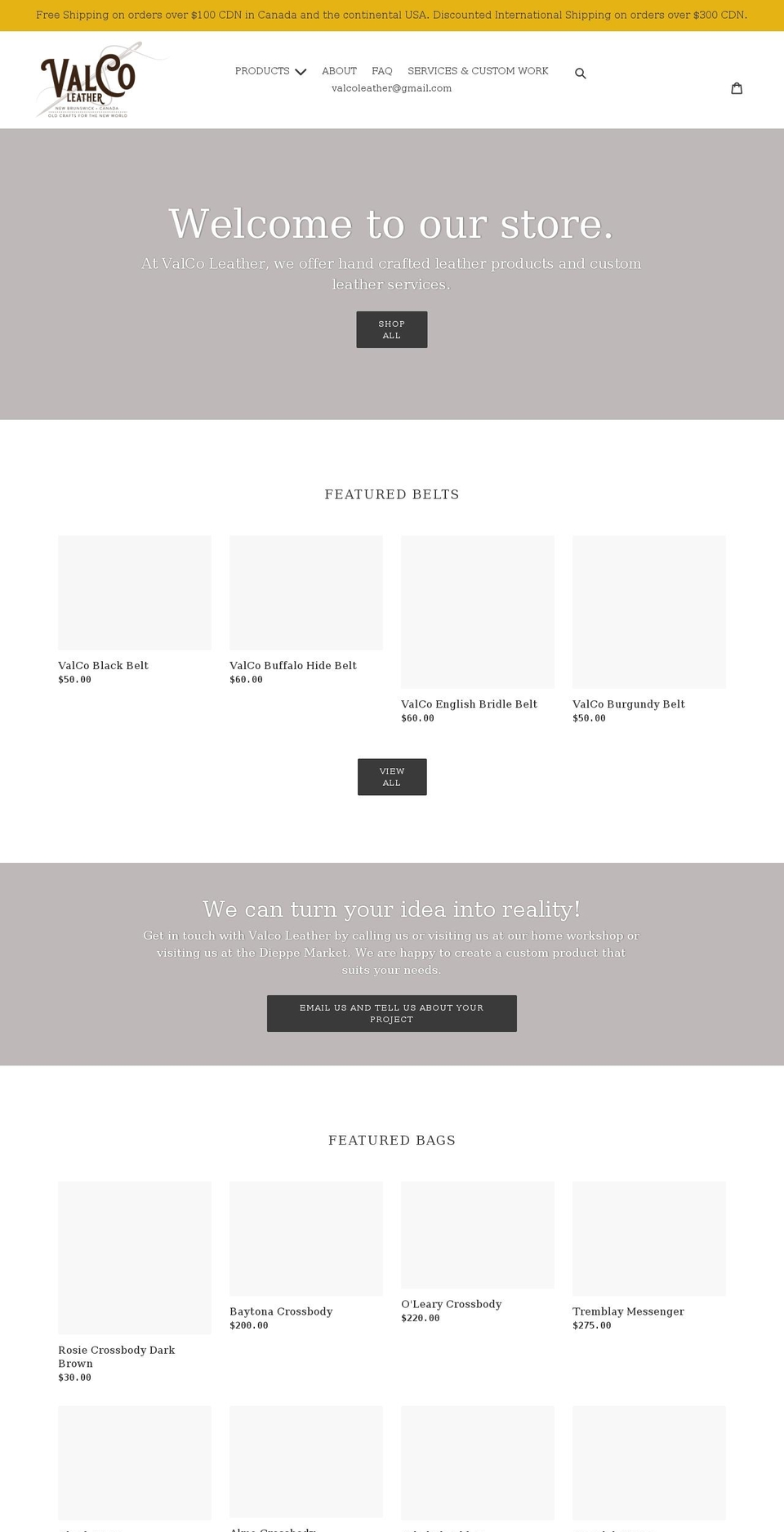 valcoleather.com shopify website screenshot