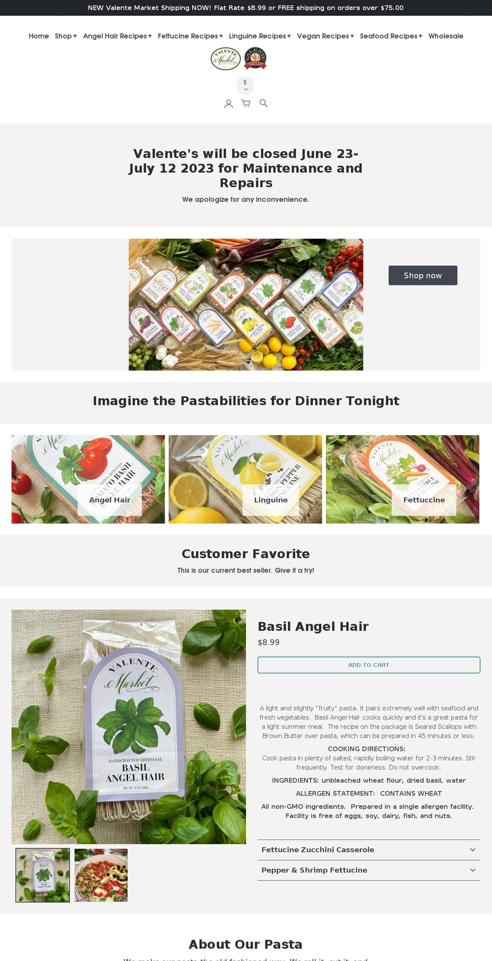 valentepasta.com shopify website screenshot