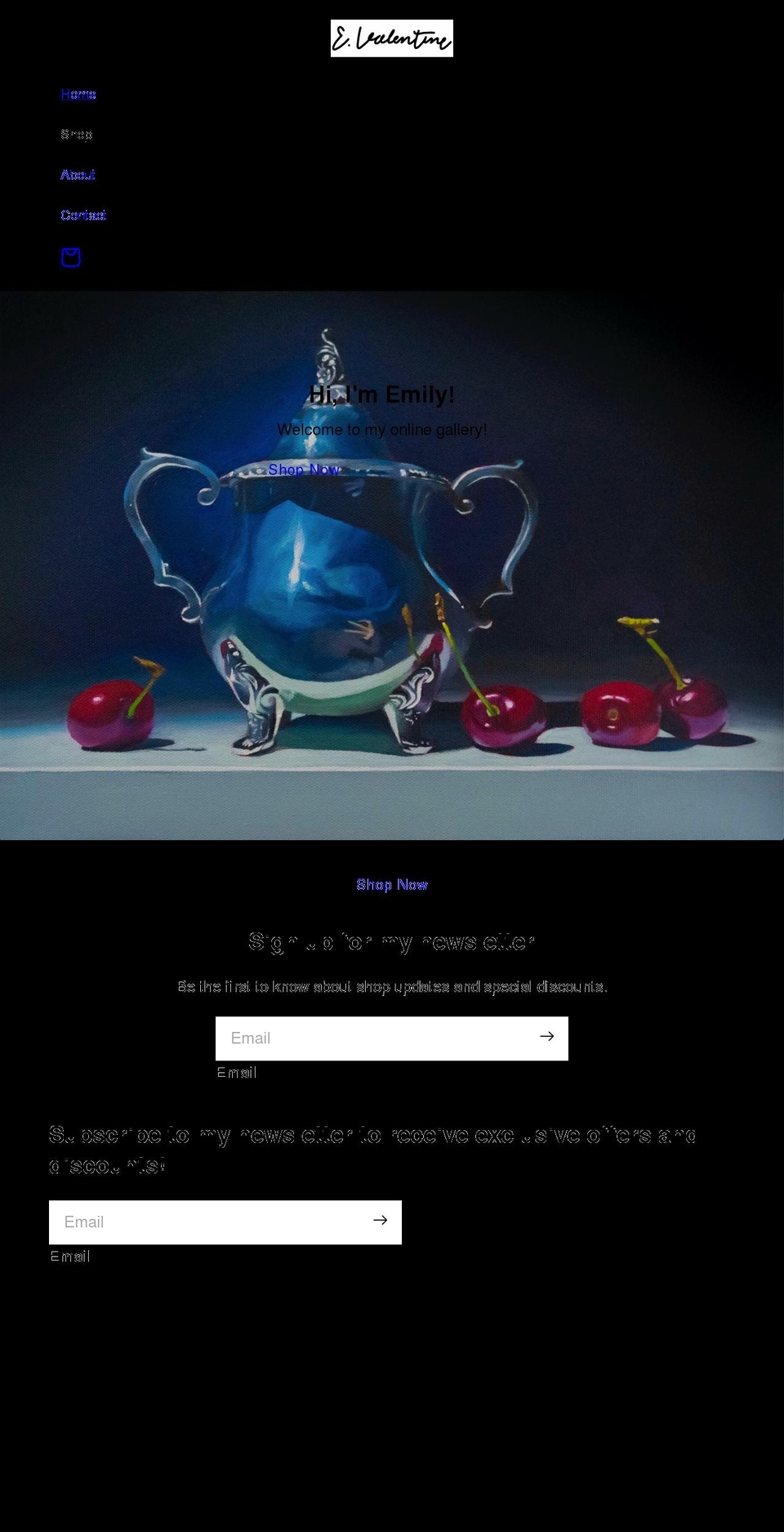 valentinefinearts.com shopify website screenshot