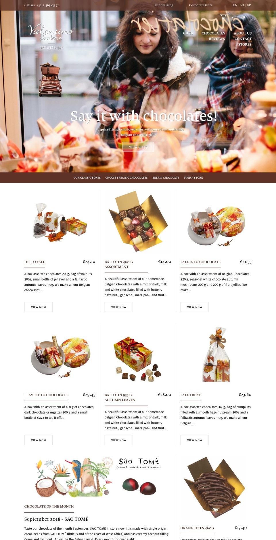 valentinochocolatier.be shopify website screenshot