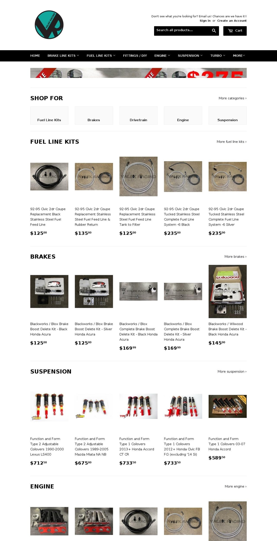 valexracing.com shopify website screenshot