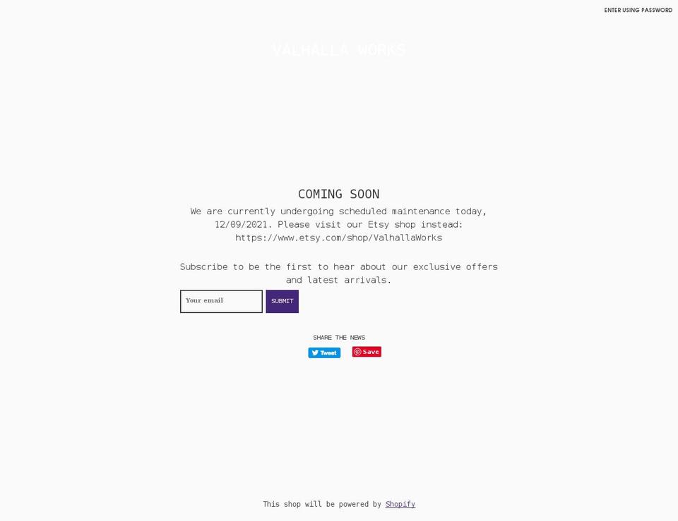 valhallaresinworks.com — Shopify storefront screenshot