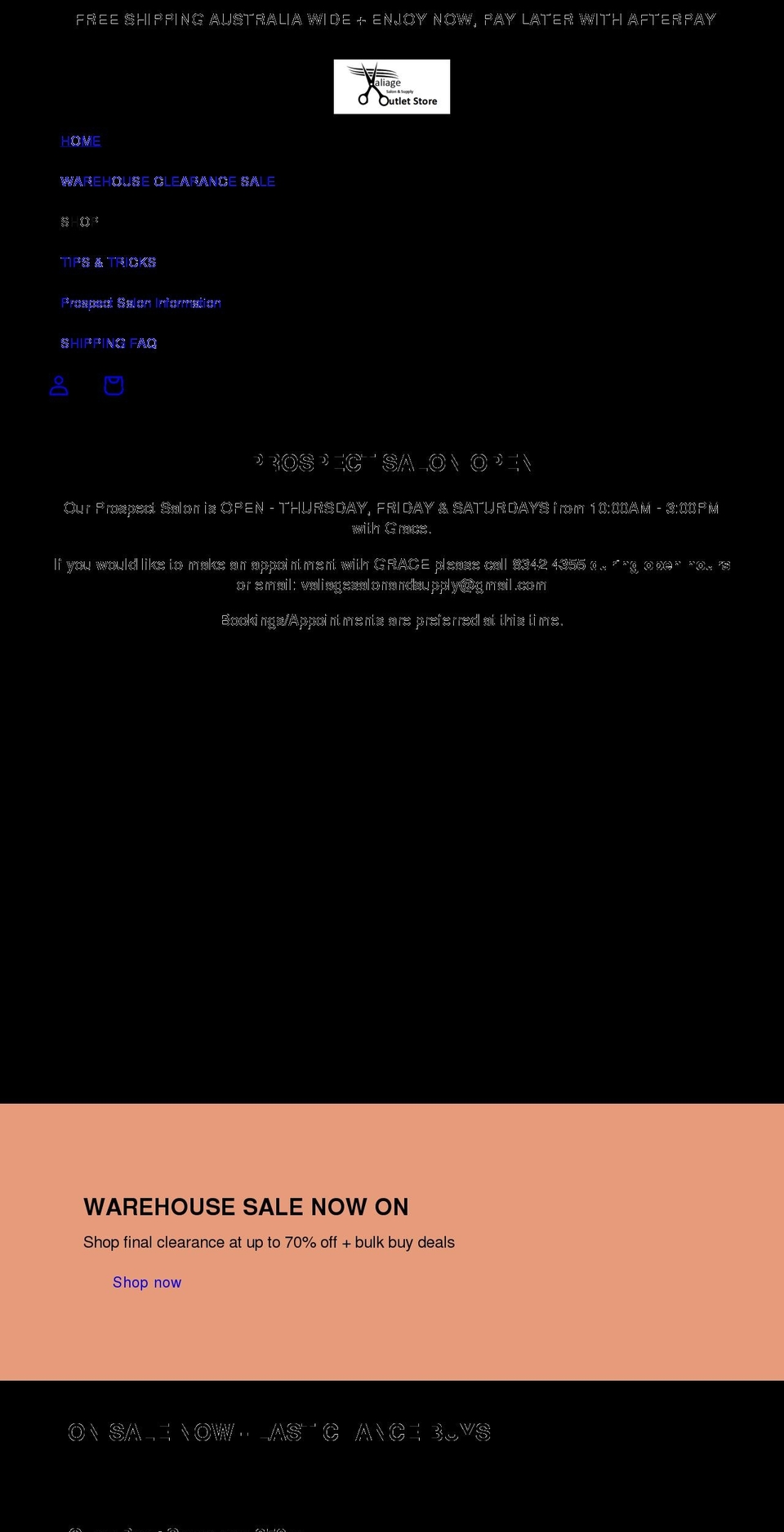 valiagesalonandsupply.com — Shopify storefront screenshot