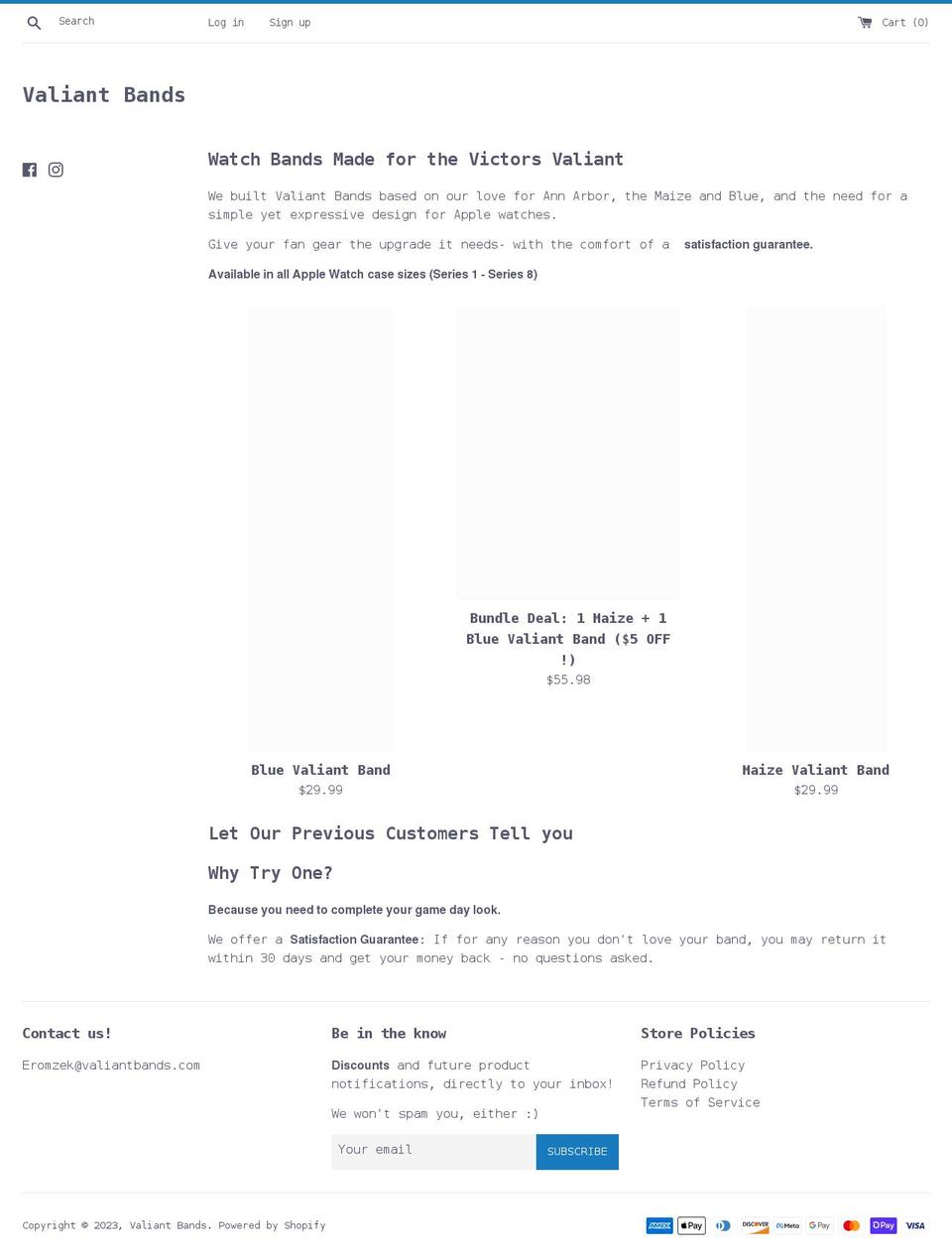 valiant-bands.com shopify website screenshot