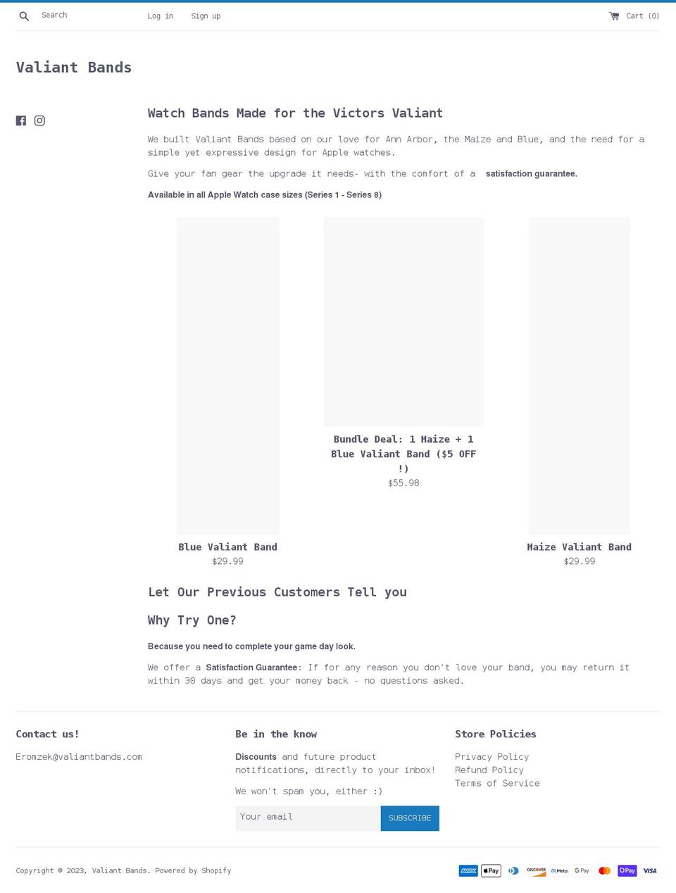 valiantbands.com shopify website screenshot