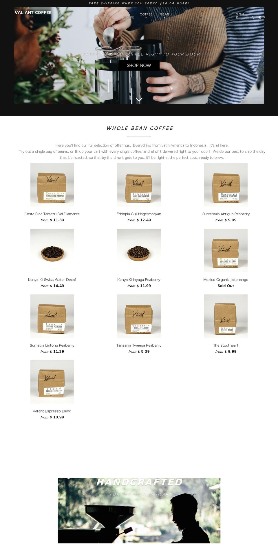 valiantcoffee.com shopify website screenshot