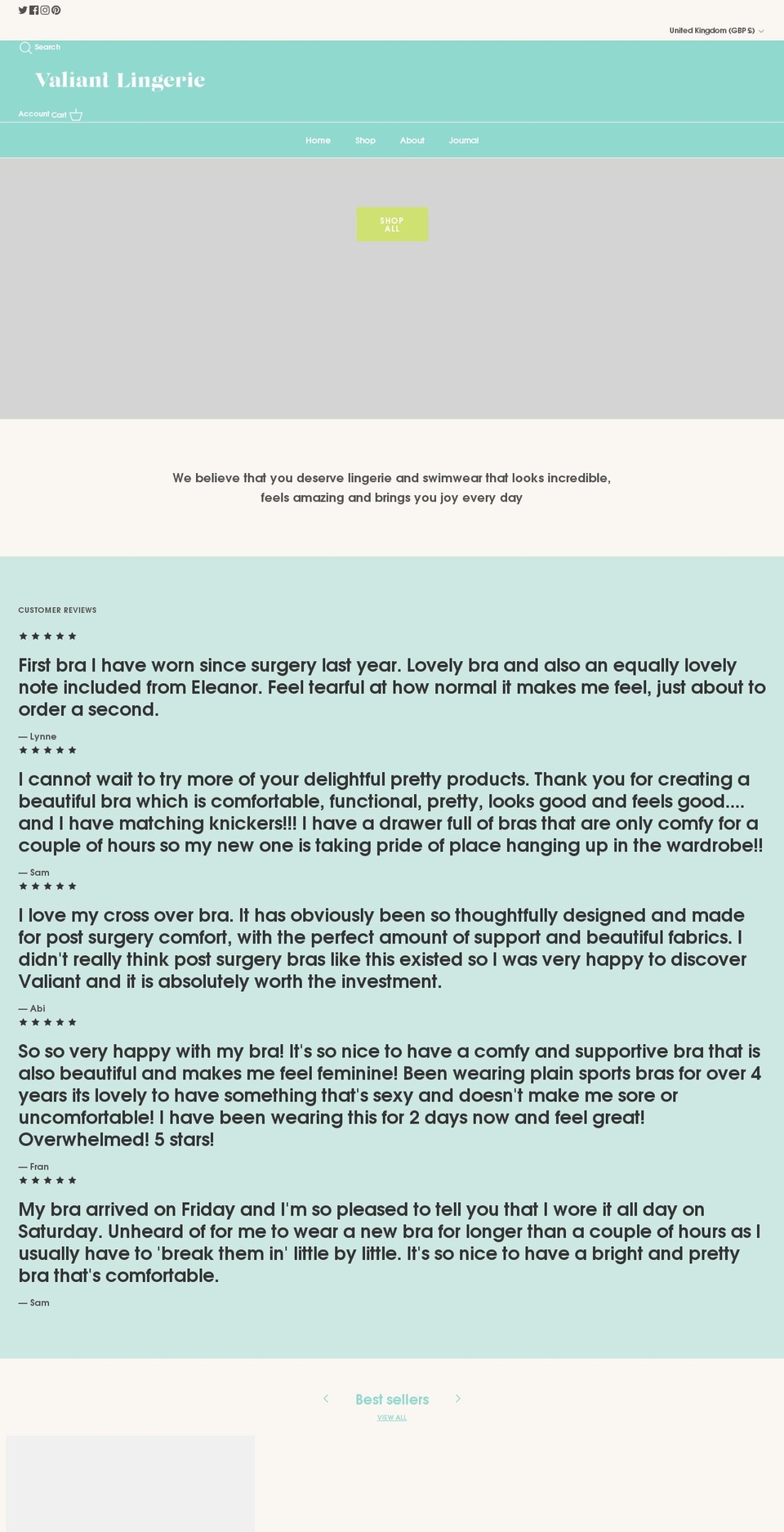 valiantlingerie.com shopify website screenshot