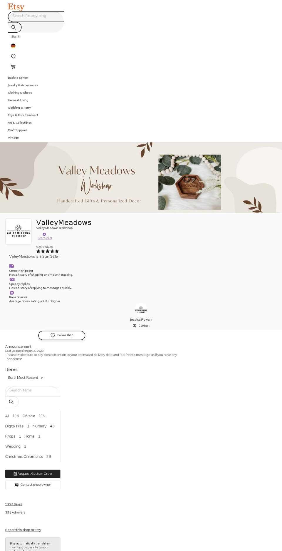 valleymeadowsworkshop.com shopify website screenshot