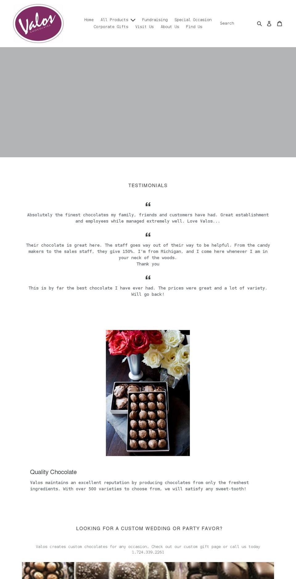 valoschocolates.com shopify website screenshot