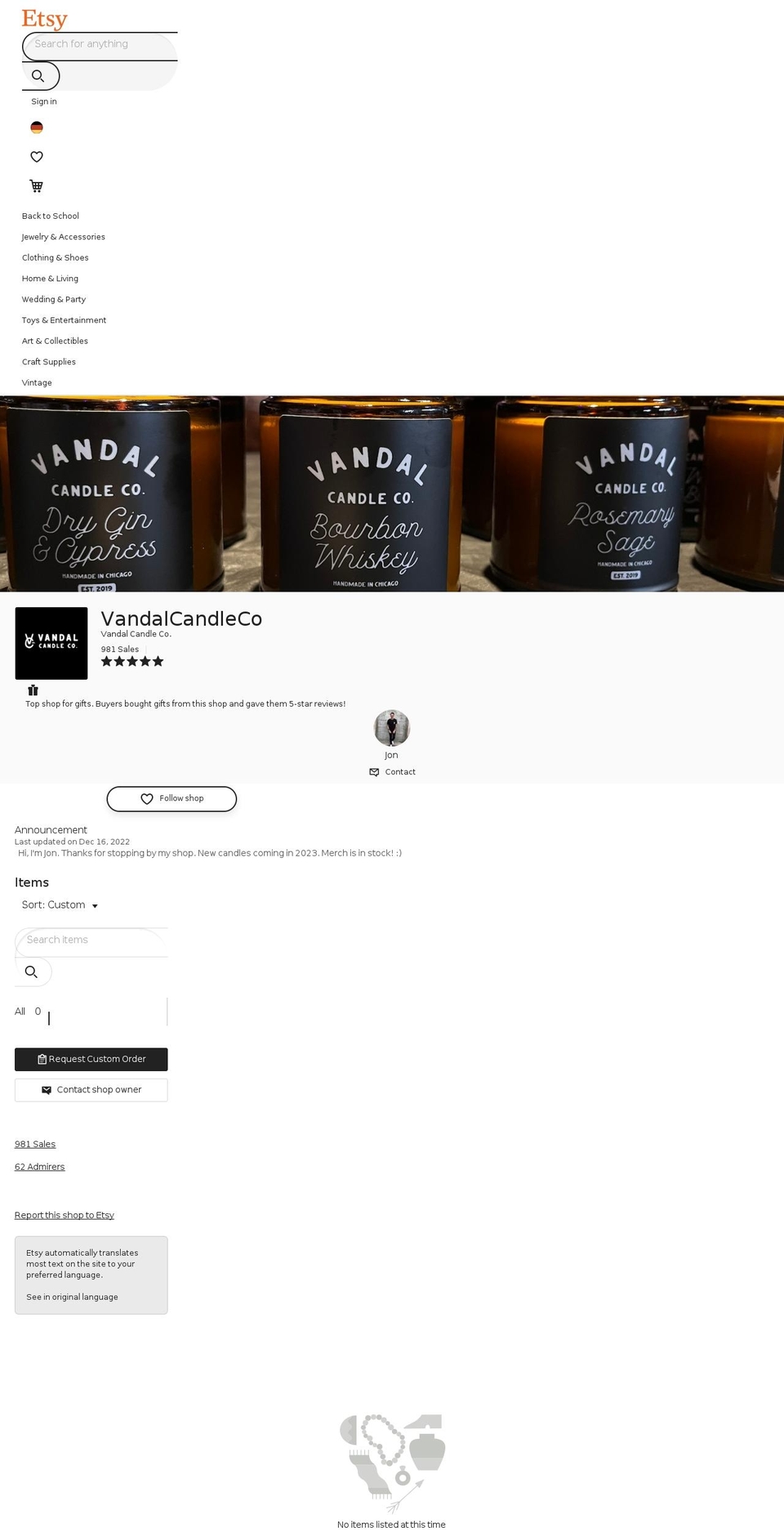 vandalcandleco.com shopify website screenshot