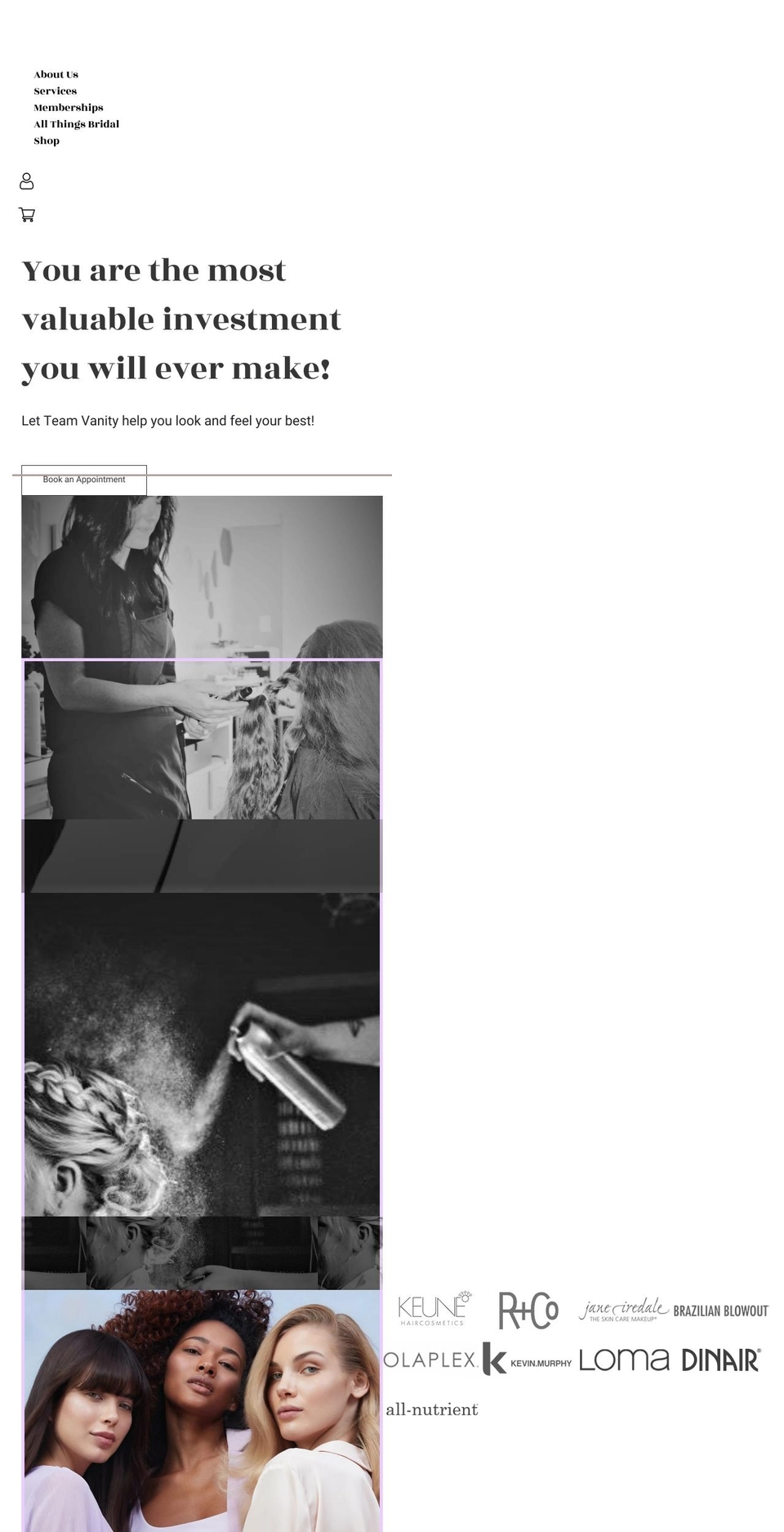 vanityhairstudionh.com shopify website screenshot
